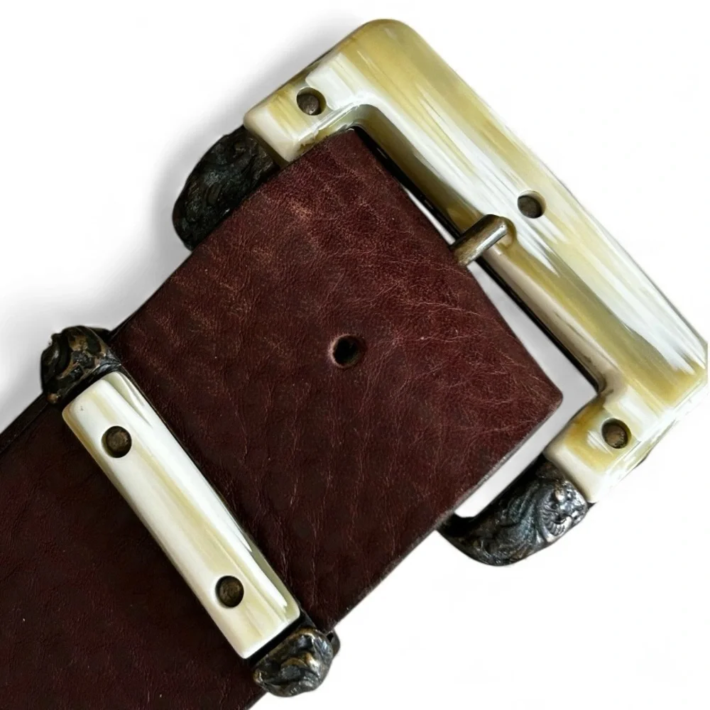 FRANCESO BOJOLA FIRENZE Vintage Leather Belt Brown Enhanced Resin Buckle L/XL